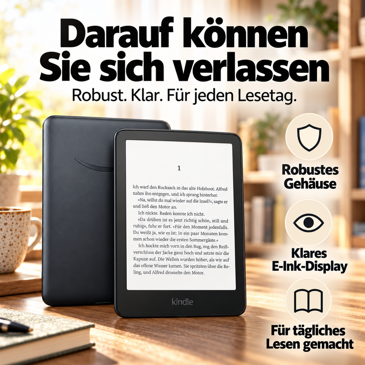 E-Book-Reader mit E-Ink-Touchdisplay – Blendarm lesen zu Hause und unterwegs