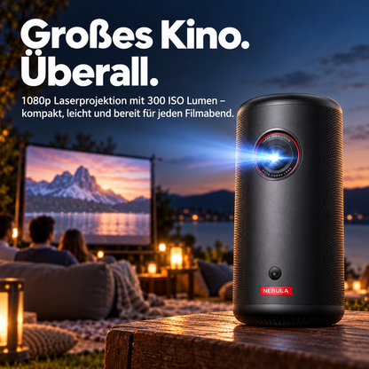 Tragbarer Full-HD Laser-Beamer mit Akku – Autofokus und integrierter Lautsprecher für Kino zu Hause und unterwegs