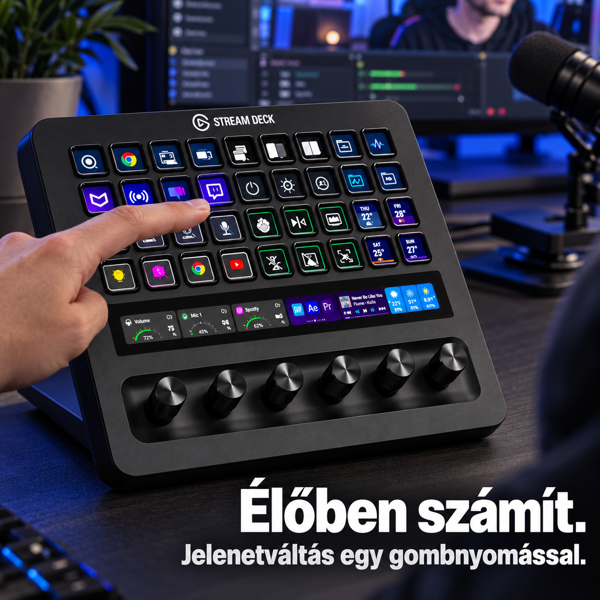 Programozható vezérlőpult – LCD-gombok, forgóvezérlők és érintősáv streaminghez, videóvágáshoz és hangvezérléshez