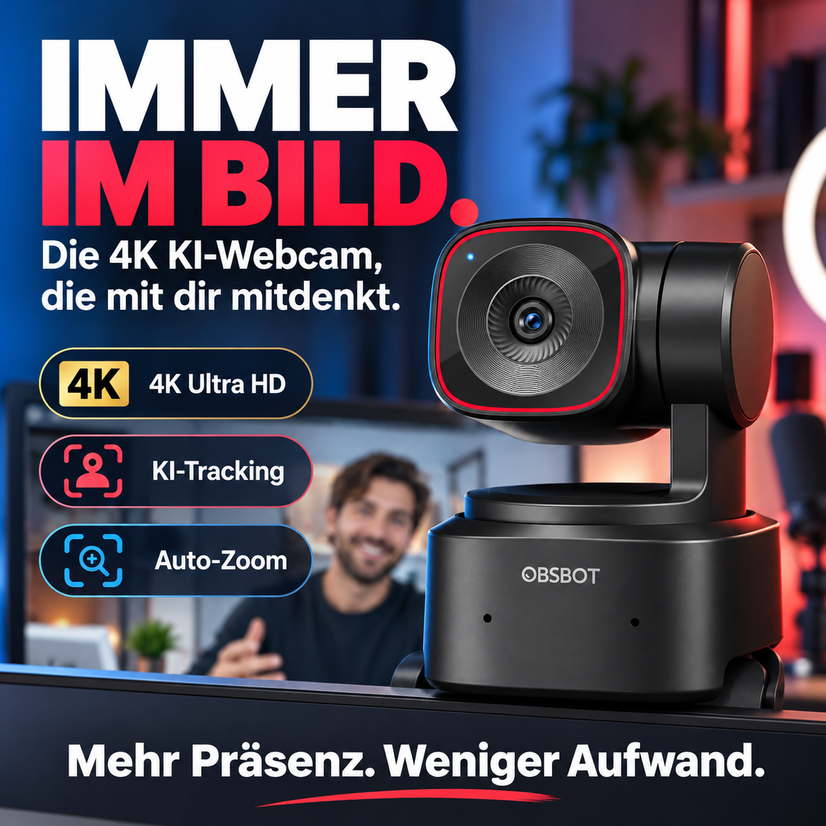 4K KI-Webcam mit Gimbal – OBSBOT Tiny 2 Lite für Streaming und Videokonferenzen