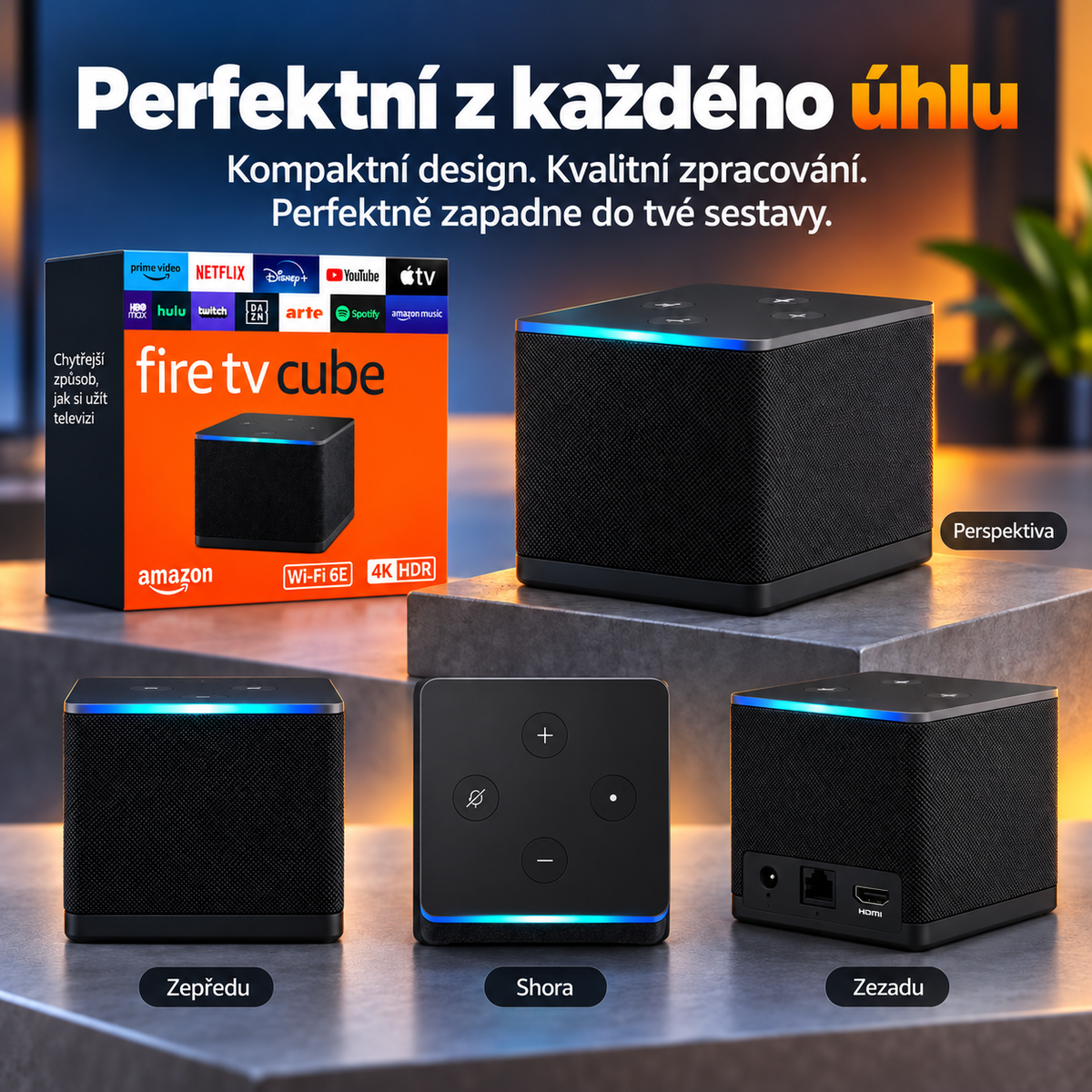 Zařízení pro streamování ve 4K s podporou Alexy – Fire TV Cube s Wi-Fi 6E a osmijádrovým procesorem