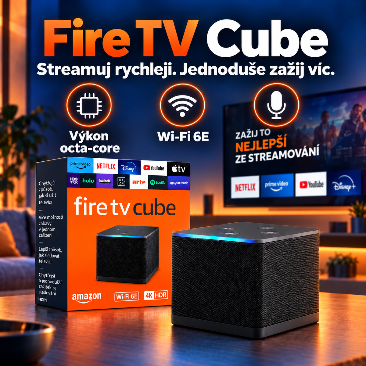 Zařízení pro streamování ve 4K s podporou Alexy – Fire TV Cube s Wi-Fi 6E a osmijádrovým procesorem