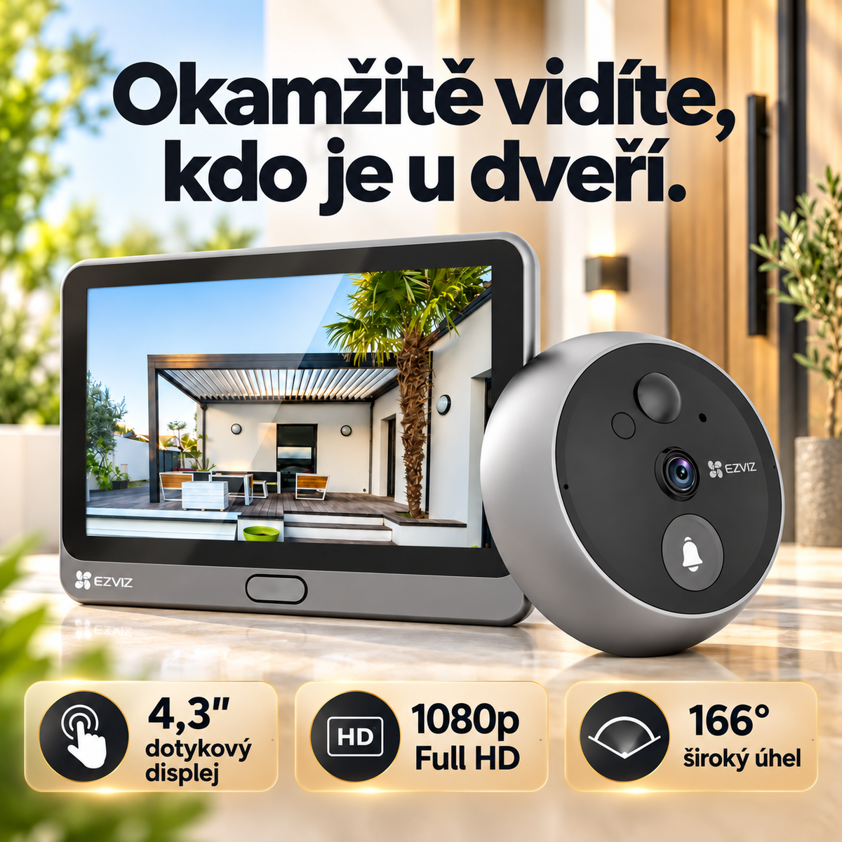 Digitální dveřní kukátko s kamerou EZVIZ CP4 – 4,3" displej, 1080p, 166°