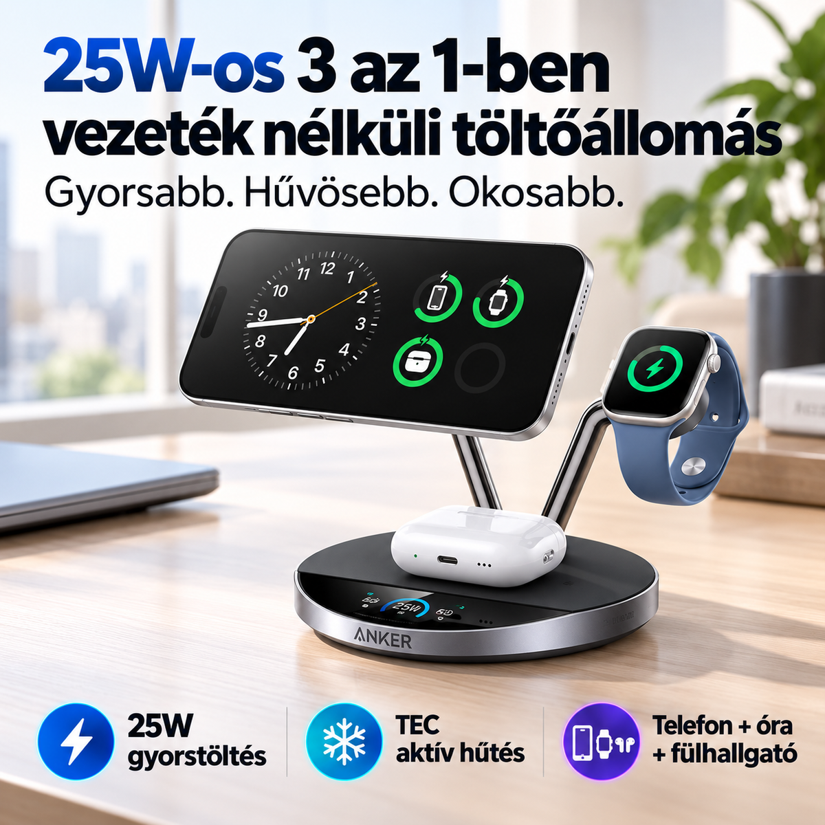 3 az 1-ben vezeték nélküli töltőállomás iPhone, Apple Watch és AirPods készülékekhez – Anker Prime