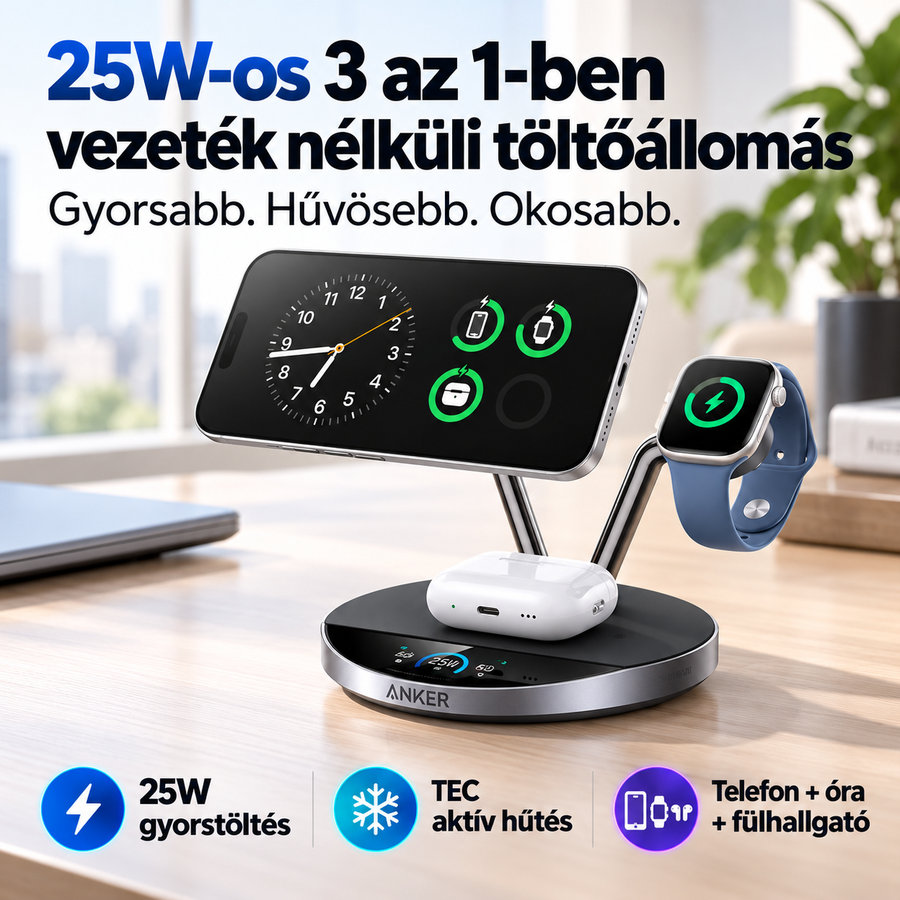 3 az 1-ben vezeték nélküli töltőállomás iPhone, Apple Watch és AirPods készülékekhez – Anker Prime