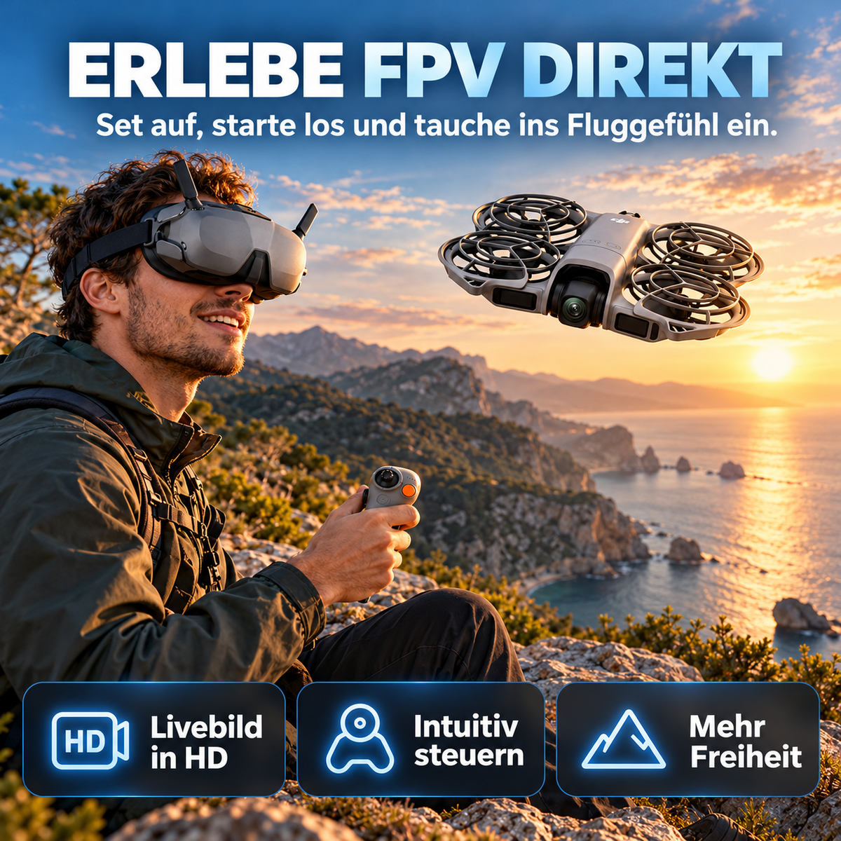 FPV-Drohne mit 4K-Kamera, Goggles 3 und Bewegungssteuerung