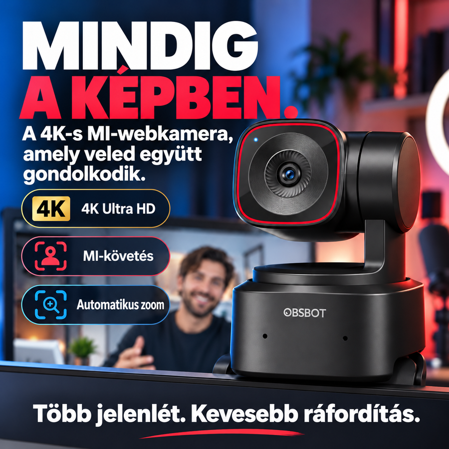 4K webkamera AI-követéssel – Automatikus képkivágás, gesztusvezérlés és gimbal videóhívásokhoz, streaminghez