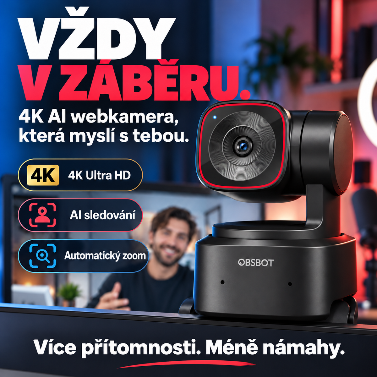 4K webkamera s AI sledováním – Automatické rámování, ovládání gesty a gimbal pro videohovory a streamování