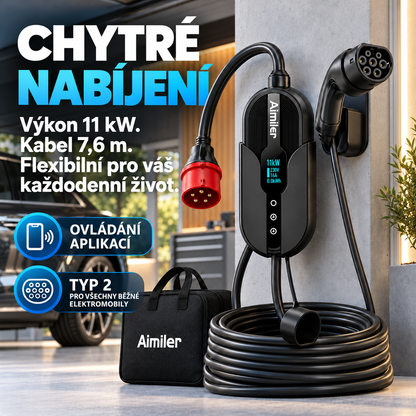 Mobilní nabíječka pro elektromobily 11 kW – Typ 2, kabel 7,6 m a ovládání aplikací pro nabíjení doma i na cestách