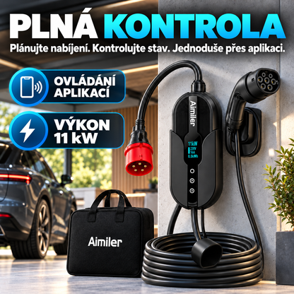 Mobilní nabíječka pro elektromobily 11 kW – Typ 2, kabel 7,6 m a ovládání aplikací pro nabíjení doma i na cestách