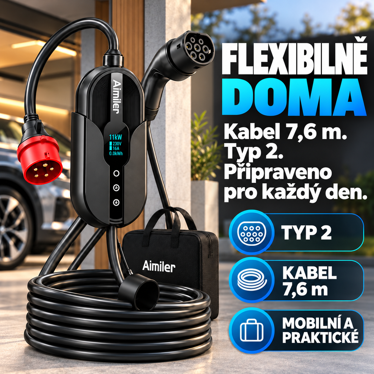 Mobilní nabíječka pro elektromobily 11 kW – Typ 2, kabel 7,6 m a ovládání aplikací pro nabíjení doma i na cestách