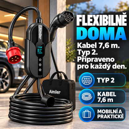 Mobilní nabíječka pro elektromobily 11 kW – Typ 2, kabel 7,6 m a ovládání aplikací pro nabíjení doma i na cestách