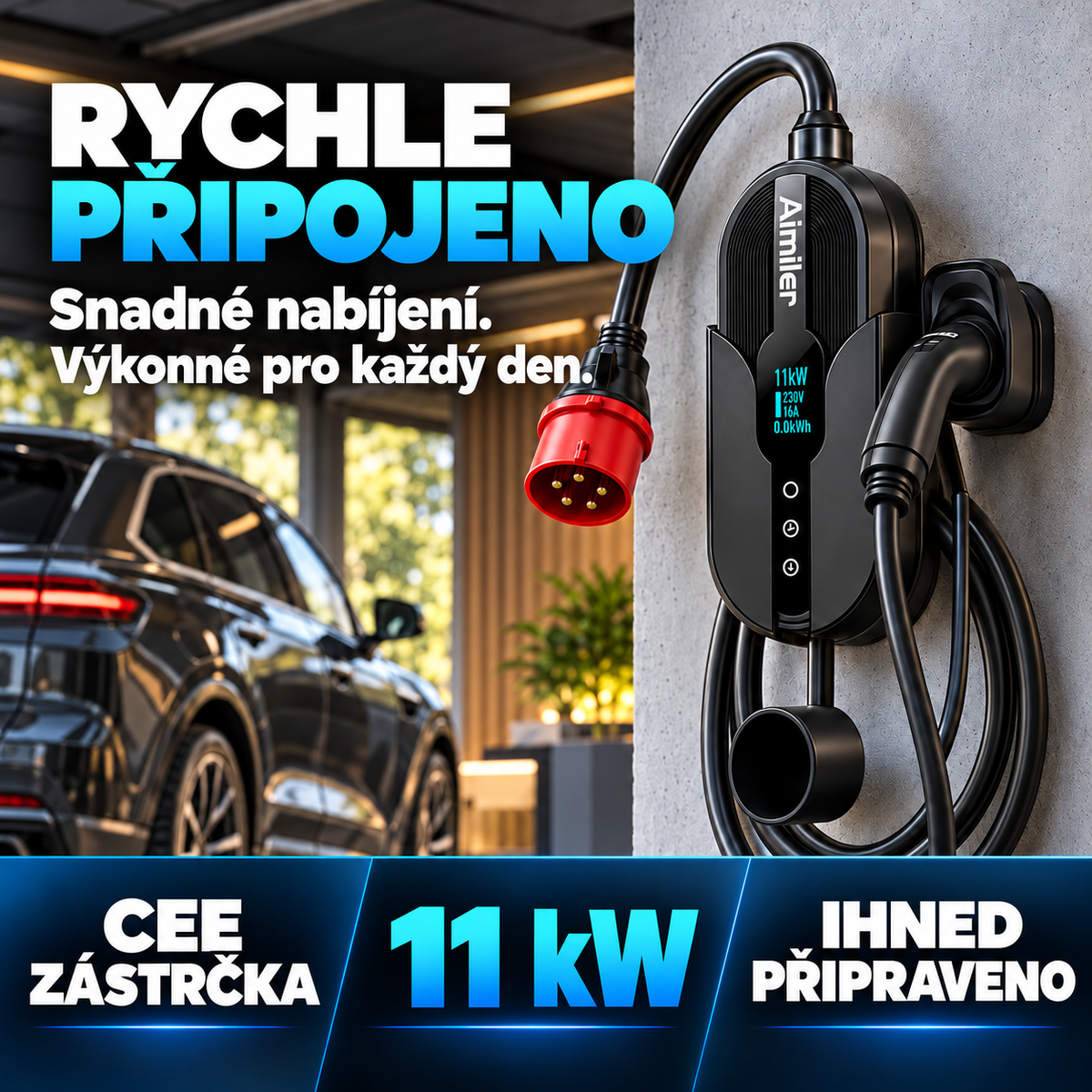 Mobilní nabíječka pro elektromobily 11 kW – Typ 2, kabel 7,6 m a ovládání aplikací pro nabíjení doma i na cestách