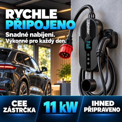 Mobilní nabíječka pro elektromobily 11 kW – Typ 2, kabel 7,6 m a ovládání aplikací pro nabíjení doma i na cestách