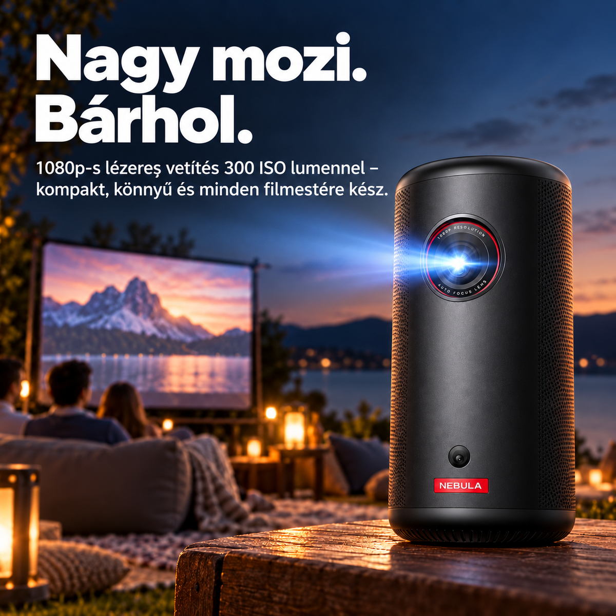 Hordozható Full HD lézerprojektor – Beépített akkumulátor, autofókusz és Android TV otthoni és szabadtéri mozizáshoz