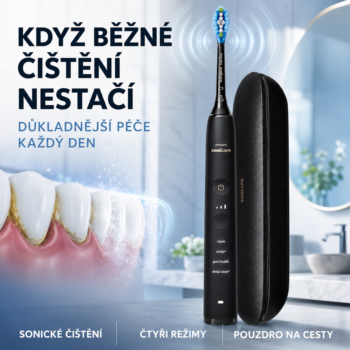 Fogfehérítő szónikus elektromos fogkefe – mélytisztítás, elszíneződések eltávolítása, újratölthető kialakítás, cserélhető fej és utazótok