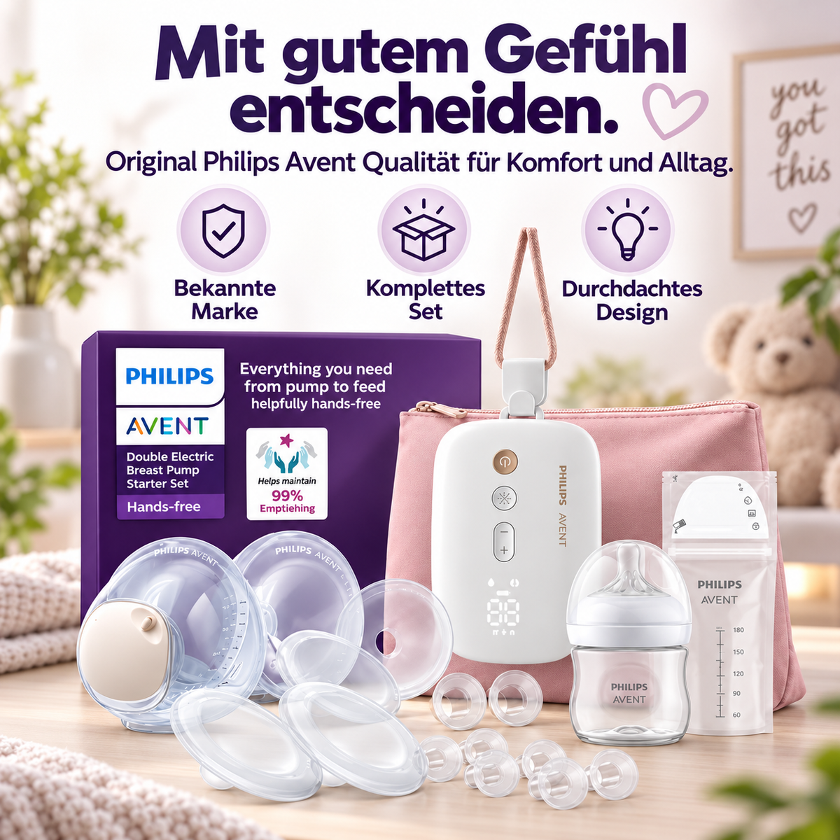 Elektrische Milchpumpe Hands-Free – Tragbare Doppelmilchpumpe mit intelligenten Pumpmodi, freihändiges Abpumpen für stillende Mütter