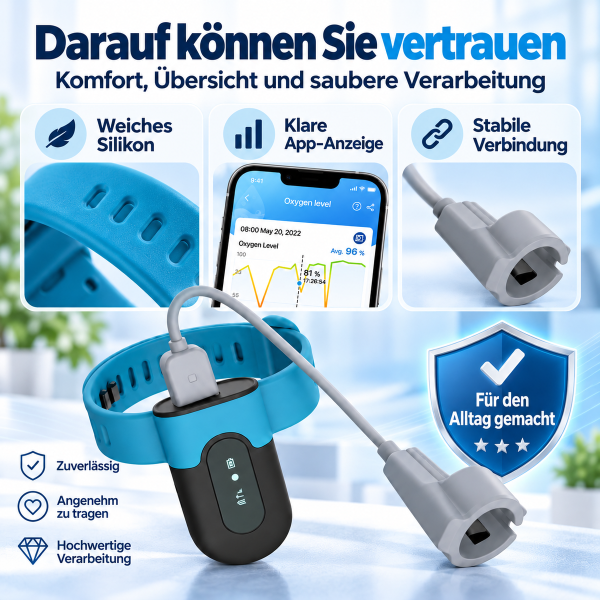 Pulsoximeter mit Armband – Stoßfestes Sauerstoffmessgerät zur Messung von SpO2 und Puls