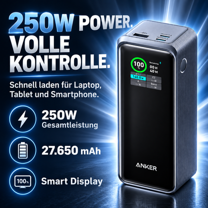250W Powerbank 27650mAh – USB-C Schnellladegerät mit Smart Display, PD 3.1 und App-Steuerung für Laptop und Smartphone