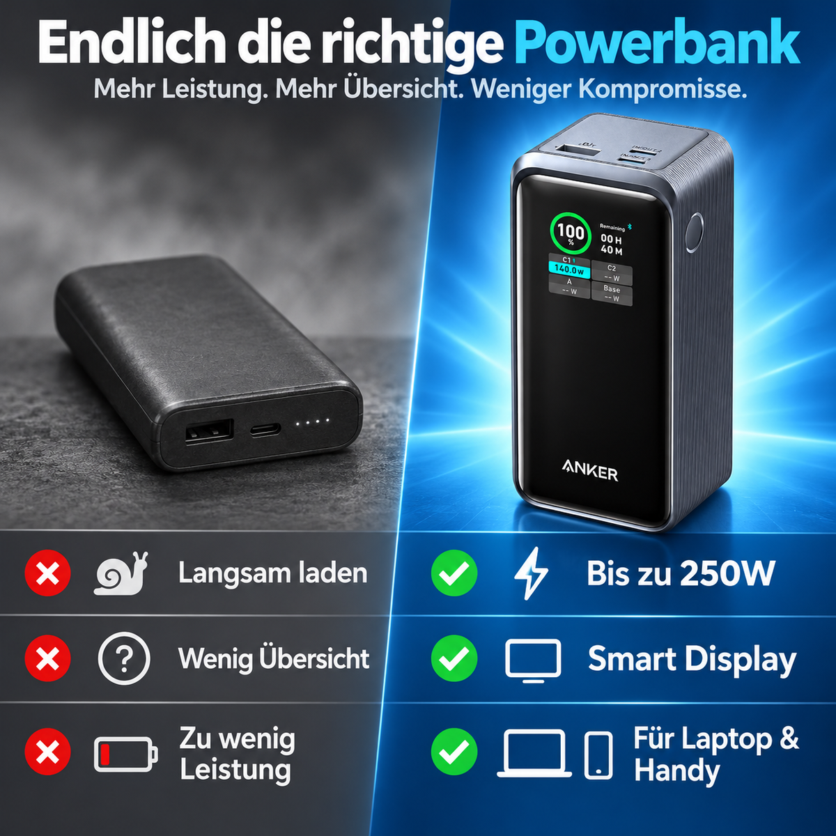 250W Powerbank 27650mAh – USB-C Schnellladegerät mit Smart Display, PD 3.1 und App-Steuerung für Laptop und Smartphone