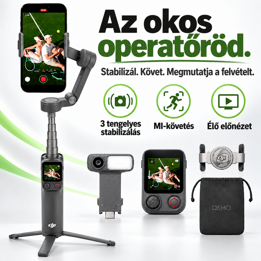 3 tengelyes telefonos gimbal stabilizátor – AI-követéssel és távirányítóval videózáshoz
