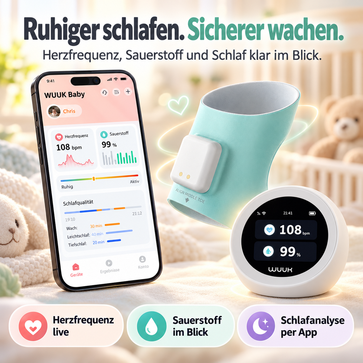 WUUK Baby Schlafmonitor mit Smart Sock und App