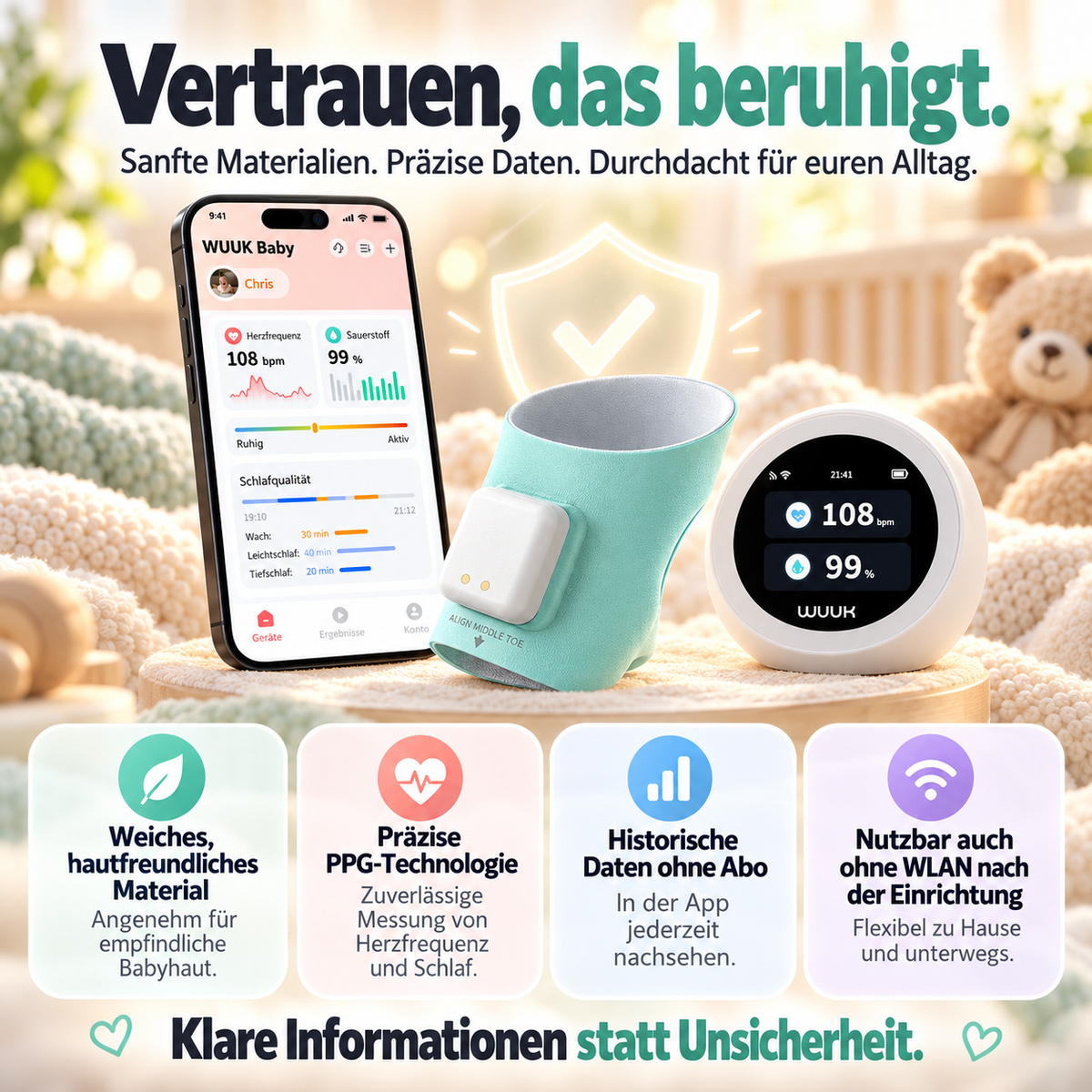 WUUK Baby Schlafmonitor mit Smart Sock und App