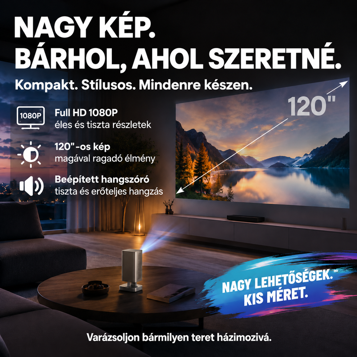 Hordozható mini projektor – Zárt optikai kialakítás, nagyképernyős házimozi otthon